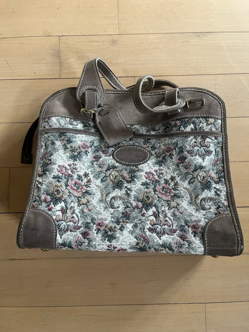 Vintage French luggage company, “Gray Rose” tapestry. 14” tote bag.